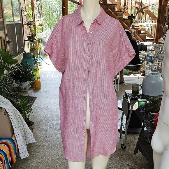 Tahari | Dresses | Tahari Red Grey Striped 0 Linen Button Down Shirt Dress  Short Sleeves M | Poshmark